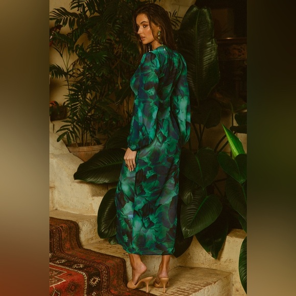 NWT Runaway The Label Calista Deep-V Button Front Long Sleeve Sheer Midi Dress - Picture 7 of 16